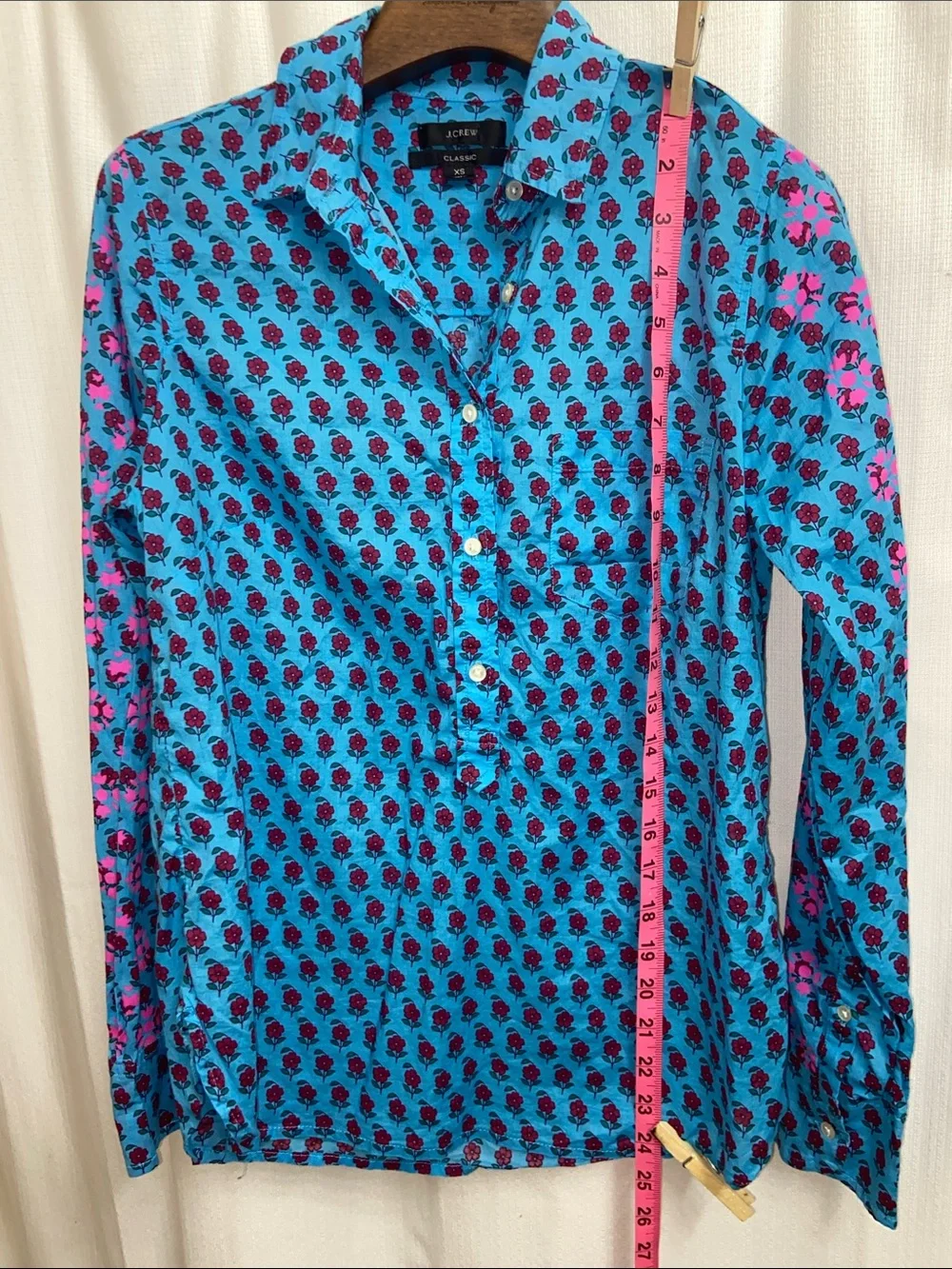 J. Crew Lightweight Cotton Turquoise Button-Down Shirt with Pink Floral Print